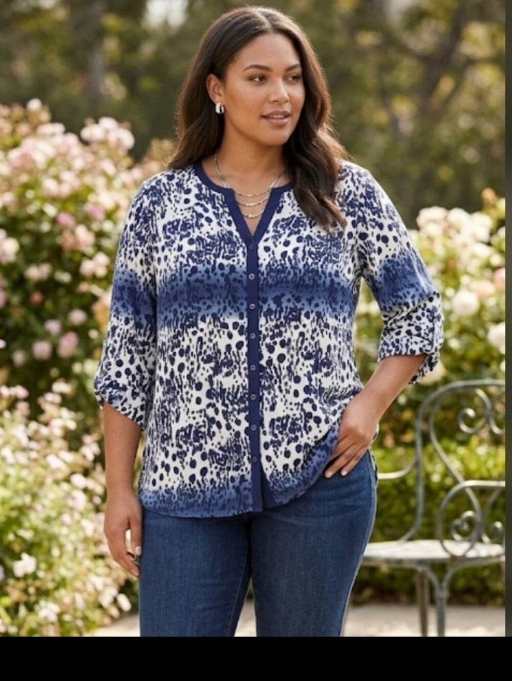 Fred David Navy and White Printed Button-Front Blouse